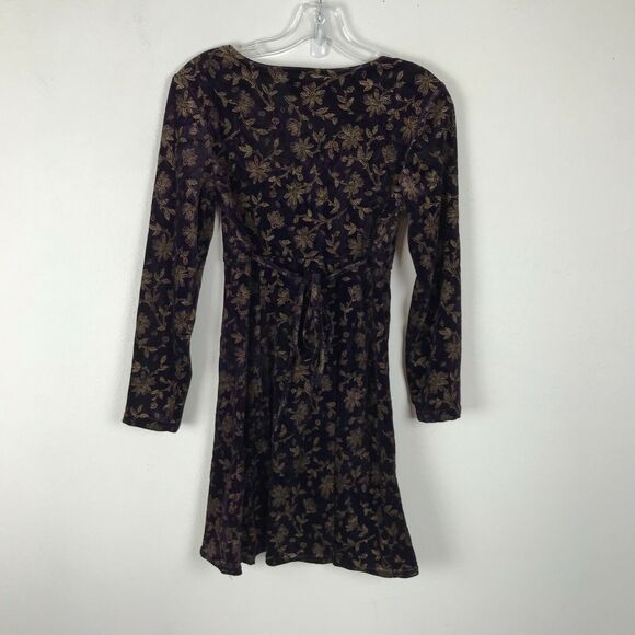 Vintage Purple Velvet Dress Size Petite 6P Gold Floral Long Sleeve Mini Y2K - Picture 6 of 7